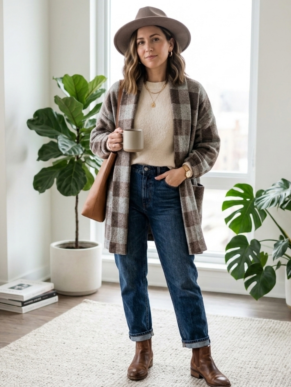 Dress Forum Buffalo Plaid Cardigan. Size L Brown & Gray Open Front Shawl-Collar